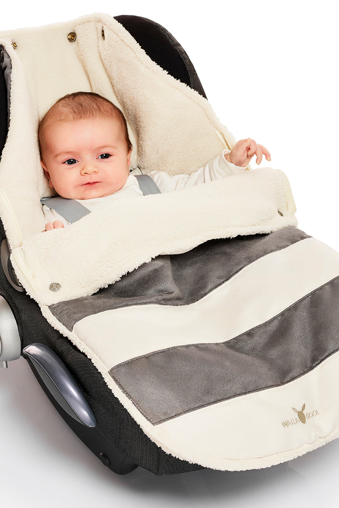 Faux suede footmuff for car seat with teddy lining in grey stripe Wallaboo