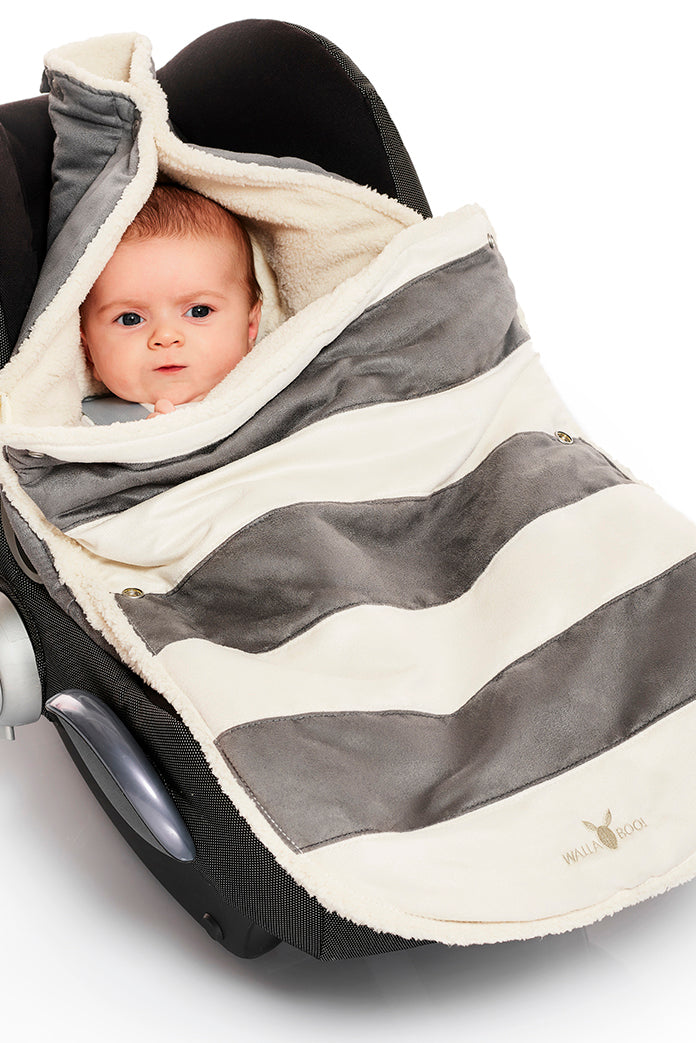 Faux suede footmuff for car seat with teddy lining in grey stripe Wallaboo