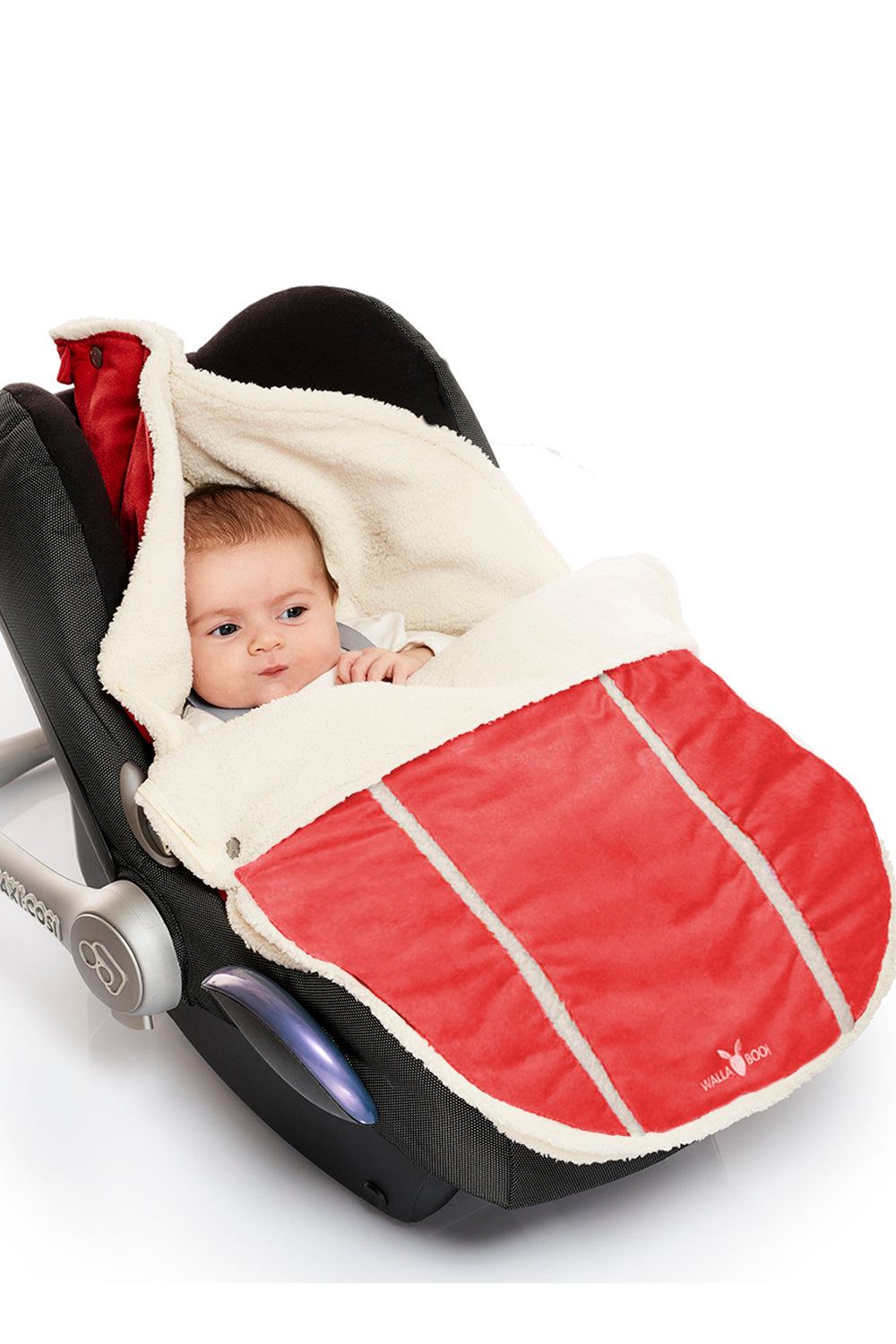 Faux suede footmuff for car seat with teddy lining in red Wallaboo